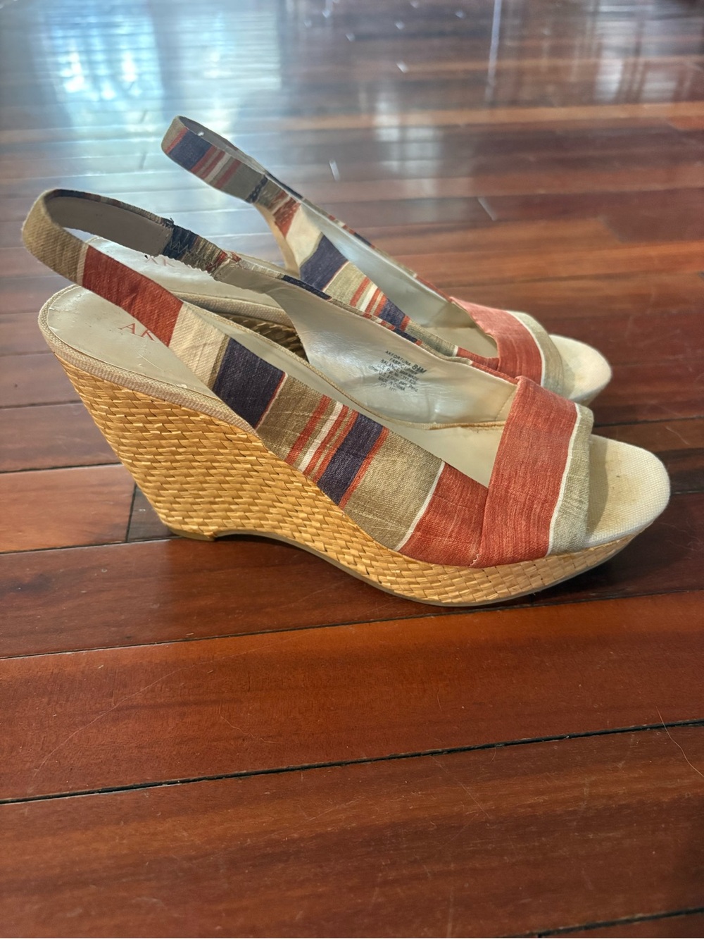 Anne Klein Striped Slingback Wedge Sandals in Red, Beige and Navy